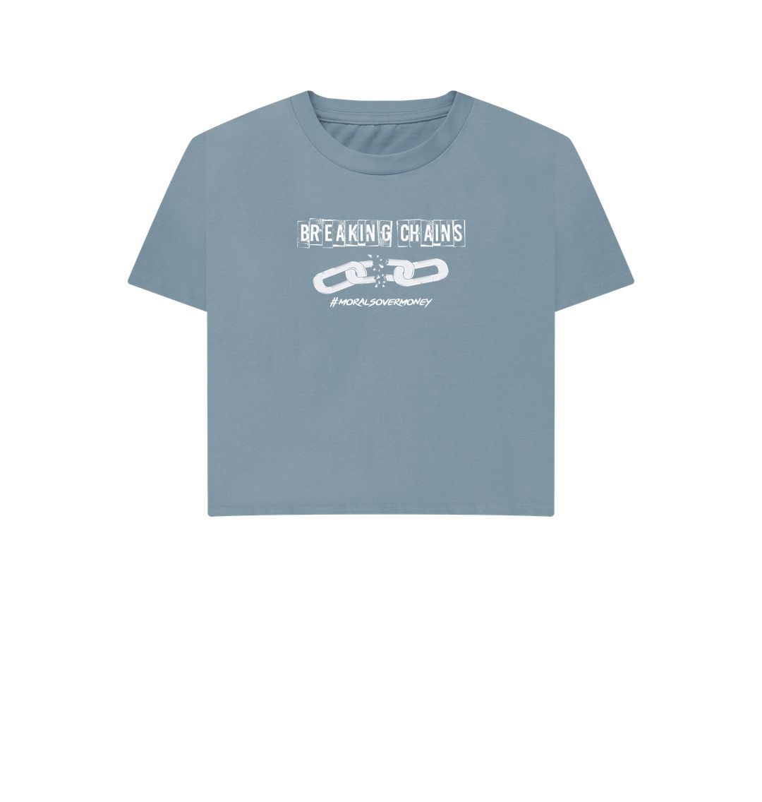 Stone Blue Women's 100% Organic Cotton 'Breaking Chains' Eco Boxy Tee - White Logo