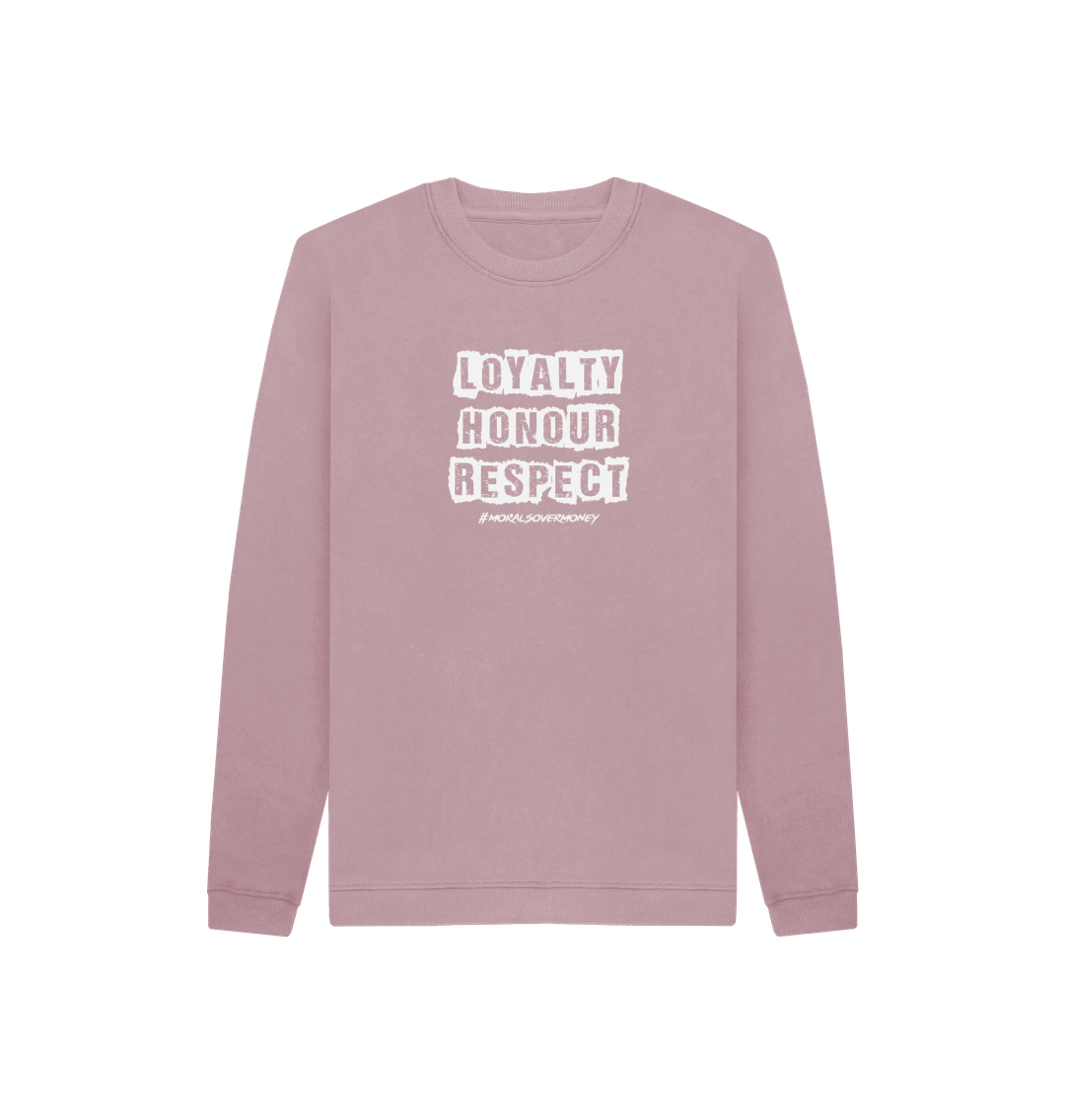 Mauve Kid's 100% Organic Cotton 'Loyalty, Honour, Respect' Eco Jumper - White Logo Logo