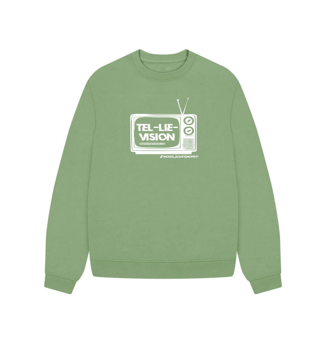 Sage Women's 100% Organic Cotton 'Tel-Lie-Vision' Oversized Eco Jumper - White Logo