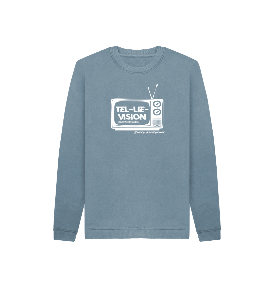 Stone Blue Kid's 100% Organic Cotton 'Tel-Lie-Vision' Eco Jumper - White Logo