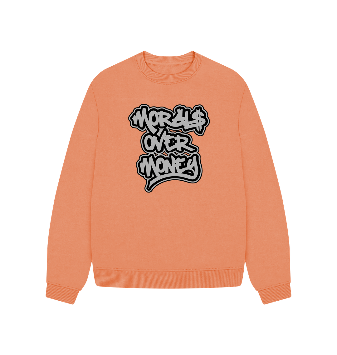 Apricot Women's 100% Organic Cotton 'Morals Over Money' Oversized Eco Jumper - Large Grey Print