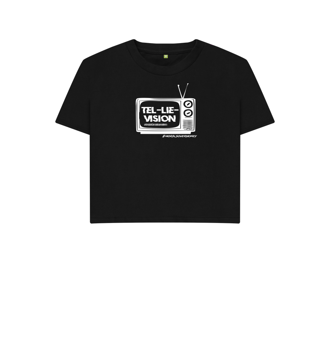 Black Women's 100% Organic Cotton 'Tel-Lie-Vision' Boxy Tee - White Logo