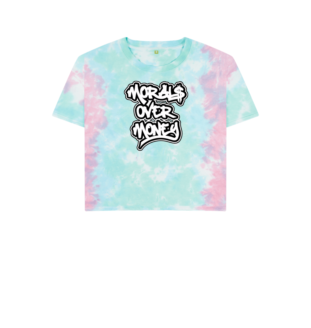 Pastel Tie Dye Women's 100% Organic Cotton 'Morals Over Money' Eco Boxy Tee - Large White Print