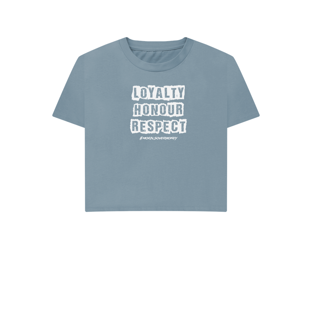 Stone Blue Women's 100% Organic Cotton 'Loyalty, Honour, Respect' Boxy Eco Tee  -  Logo