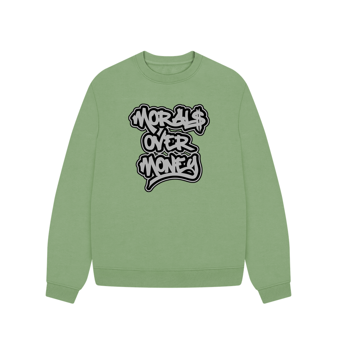 Sage Women's 100% Organic Cotton 'Morals Over Money' Oversized Eco Jumper - Large Grey Print