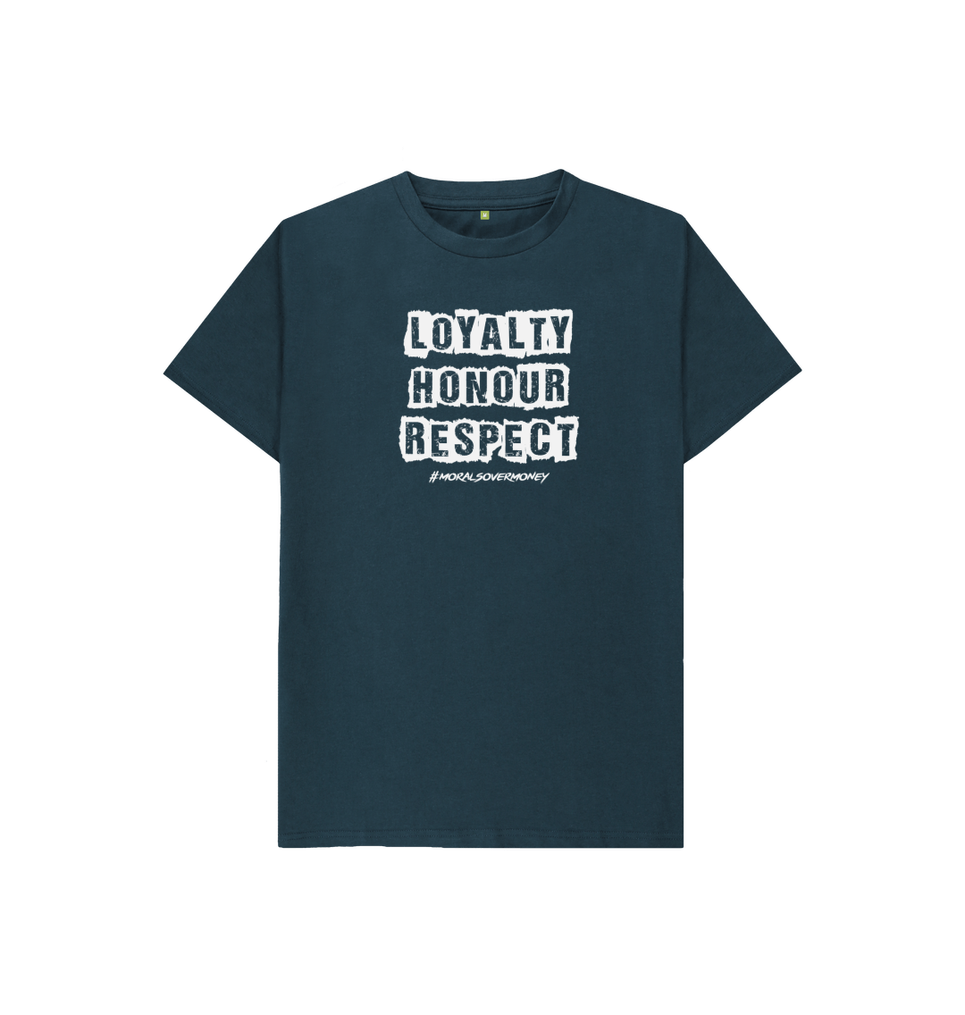 Denim Blue Kid's 100% Organic Cotton 'Loyalty, Honour, Respect' Eco Tee - White Logo