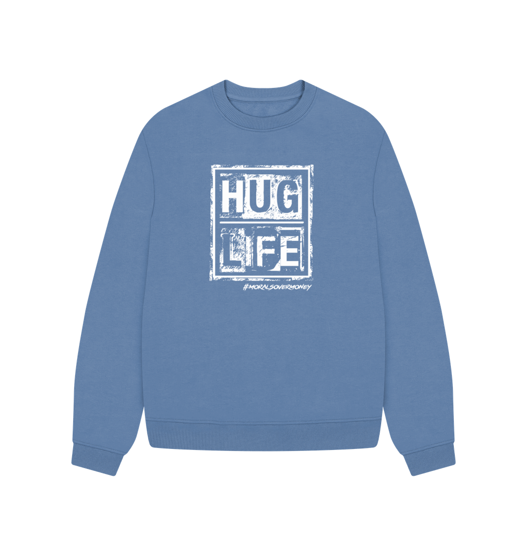 Solent Women's 100% Organic Cotton 'Hug Life' Oversized Baggy Eco Jumper -  White Logo