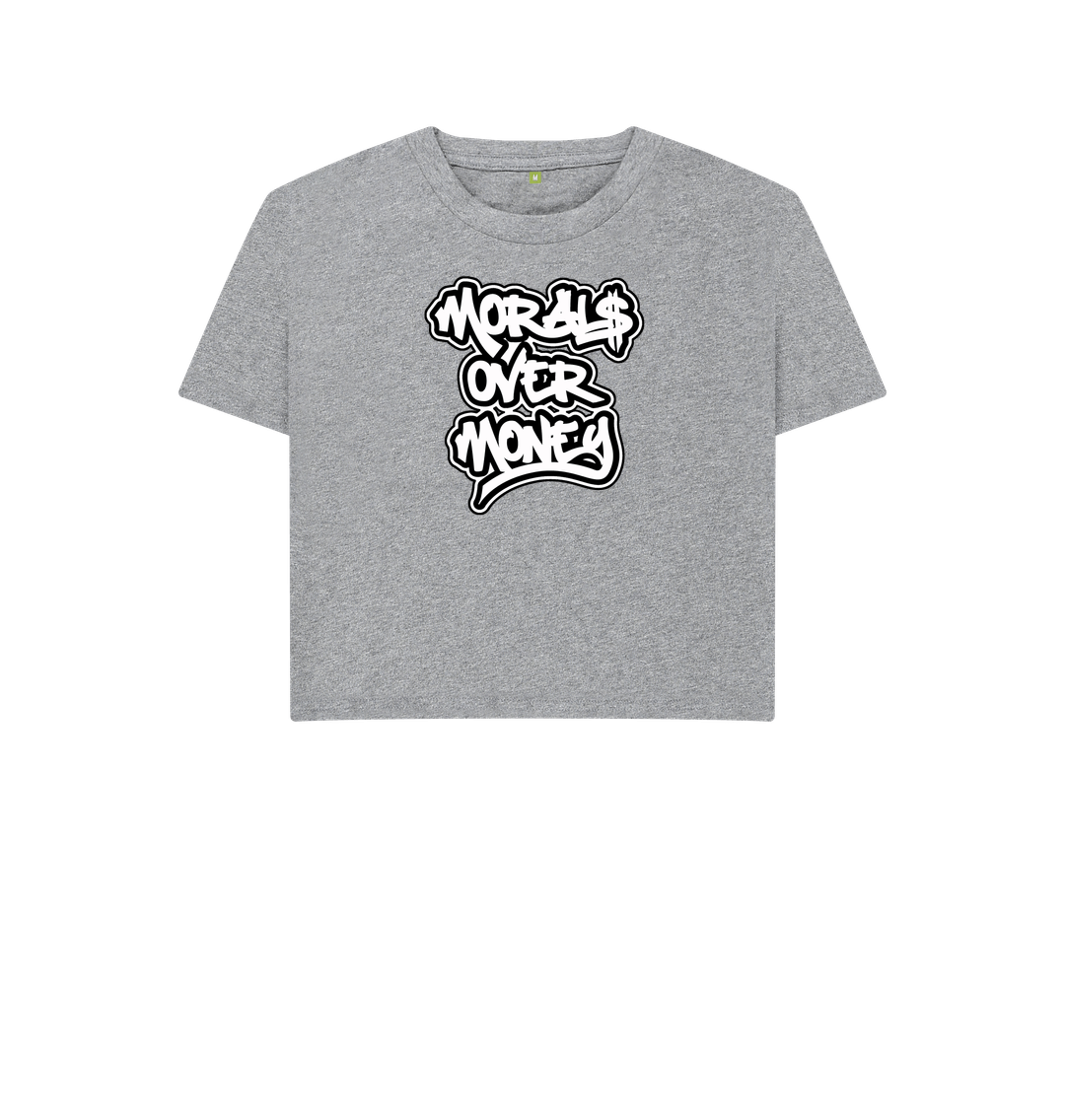 Athletic Grey Women's 100% Organic Cotton 'Morals Over Money' Eco Boxy Tee - Large White Print