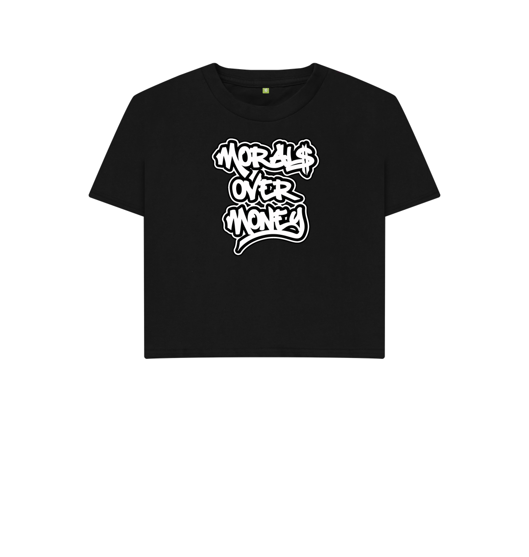 Black Women's 100% Organic Cotton 'Morals Over Money' Eco Boxy Tee - Large White Print