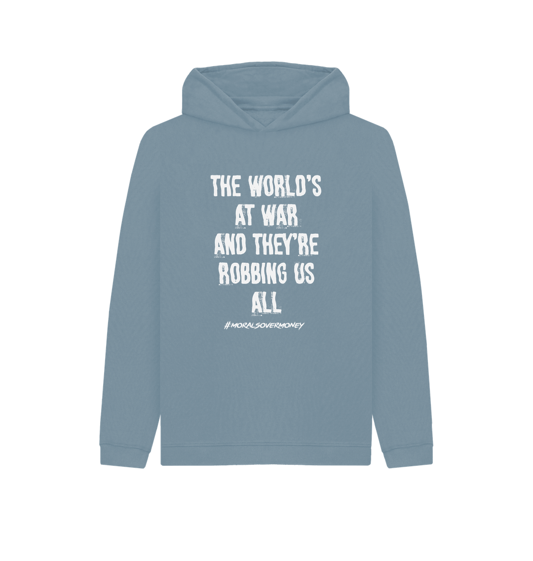 Stone Blue Kid's 100% Organic Cotton 'The World's At War' Eco Hoody - White Logo