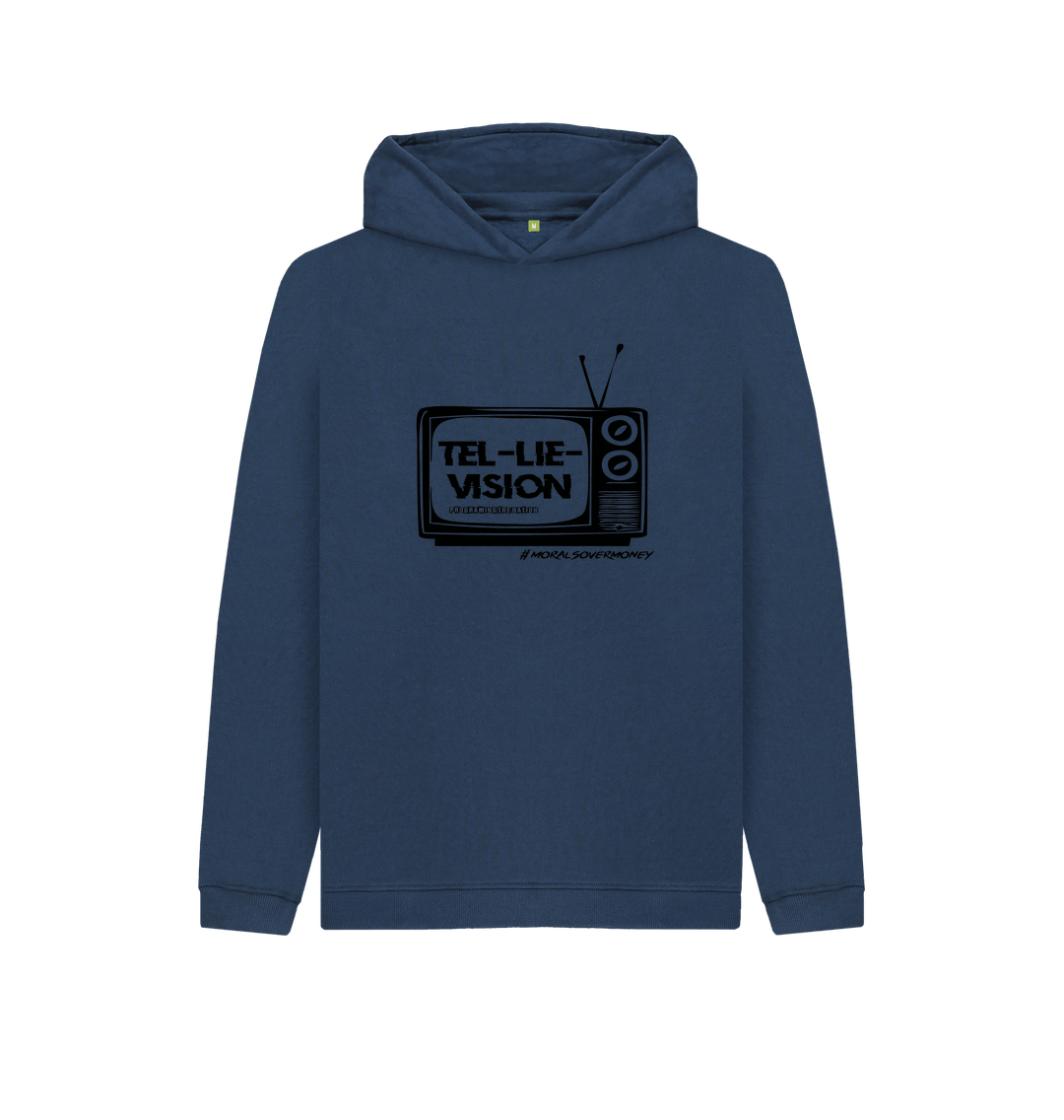 Navy Blue Kid's 100% Organic Cotton 'Tel-Lie-Vision' Eco Hoody - Black Logo