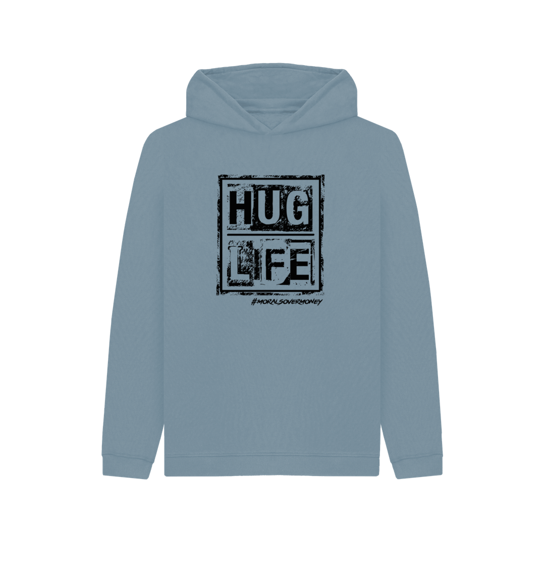 Stone Blue Kid's 100% Organic Cotton 'Hug Life' Eco Hoodie - Black Logo