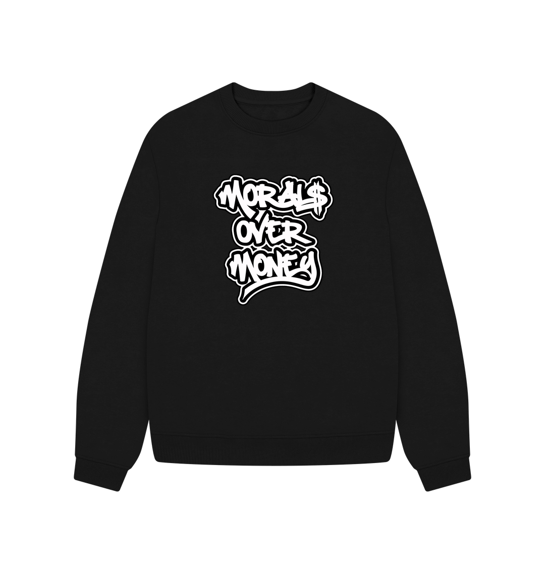 Black Women's 100% Organic Cotton 'Morals Over Money' Oversized Eco Jumper - Large White Print