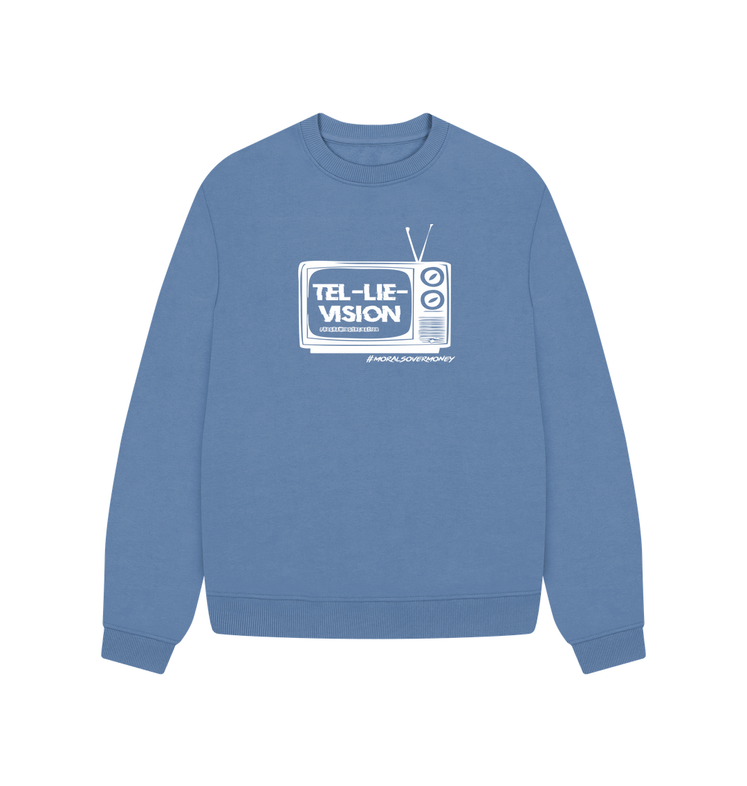 Solent Women's 100% Organic Cotton 'Tel-Lie-Vision' Oversized Eco Jumper - White Logo