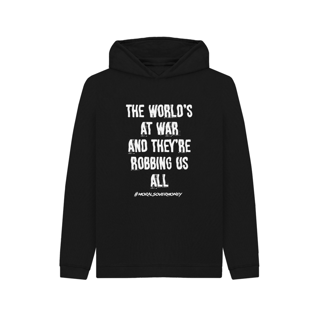 Black Kid's 100% Organic Cotton 'The World's At War' Eco Hoody - White Logo