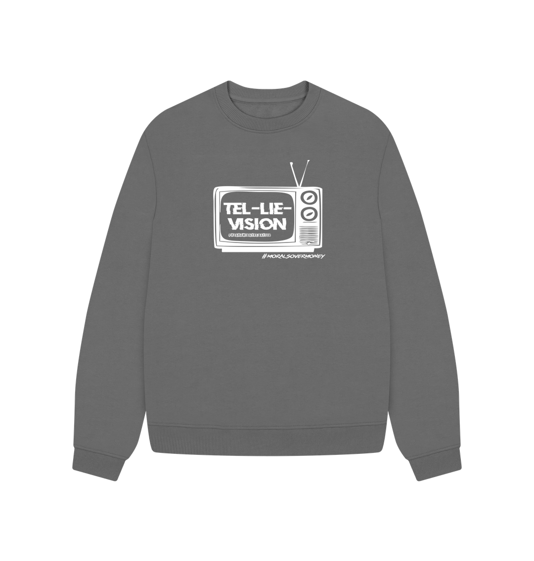 Slate Grey Women's 100% Organic Cotton 'Tel-Lie-Vision' Oversized Eco Jumper - White Logo