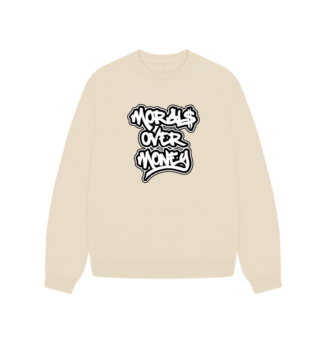 Oat Women's 100% Organic Cotton 'Morals Over Money' Oversized Eco Jumper - Large White Print