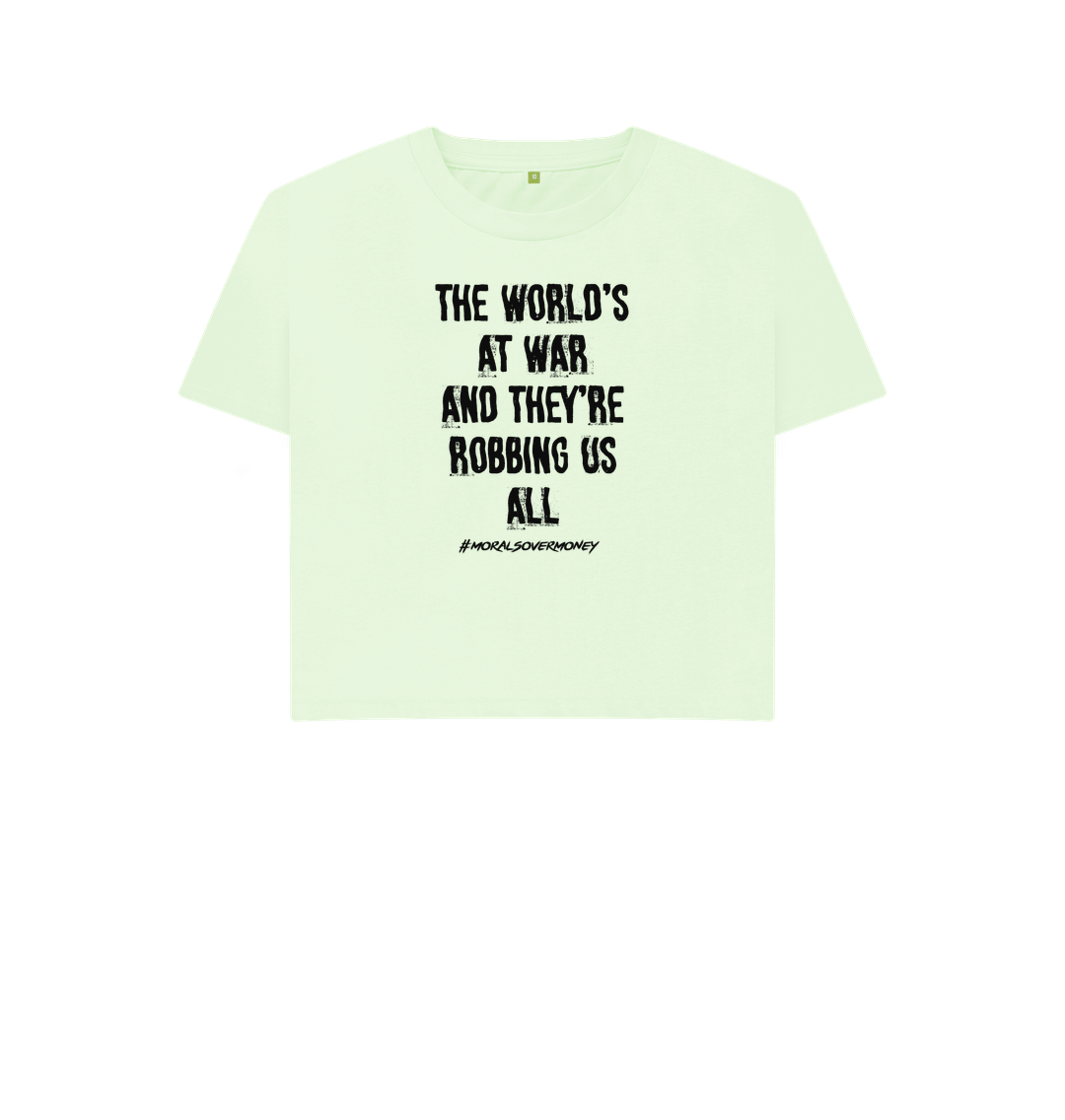 Pastel Green Women's 100% Organic Cotton 'The World's At War' Eco Boxy Tee - Black Logo