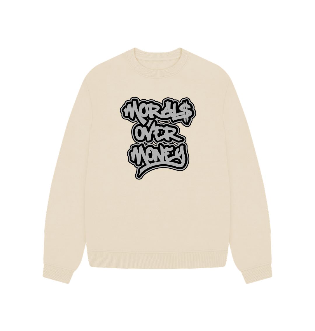 Oat Women's 100% Organic Cotton 'Morals Over Money' Oversized Eco Jumper - Large Grey Print