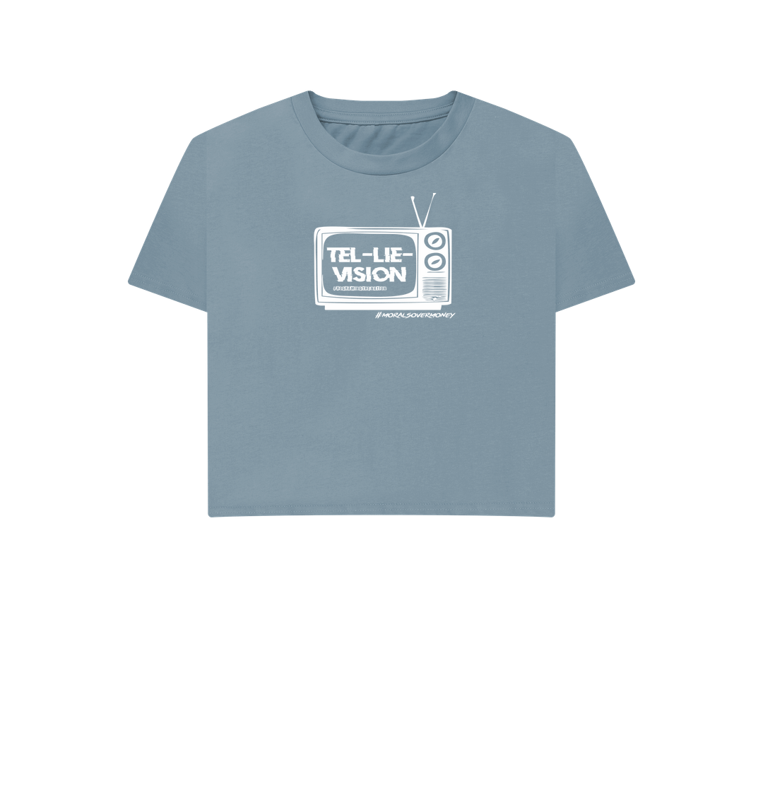 Stone Blue Women's 100% Organic Cotton 'Tel-Lie-Vision' Boxy Tee - White Logo
