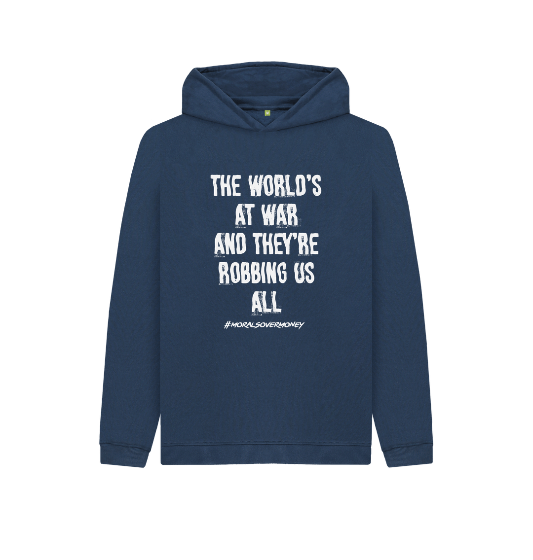 Navy Blue Kid's 100% Organic Cotton 'The World's At War' Eco Hoody - White Logo