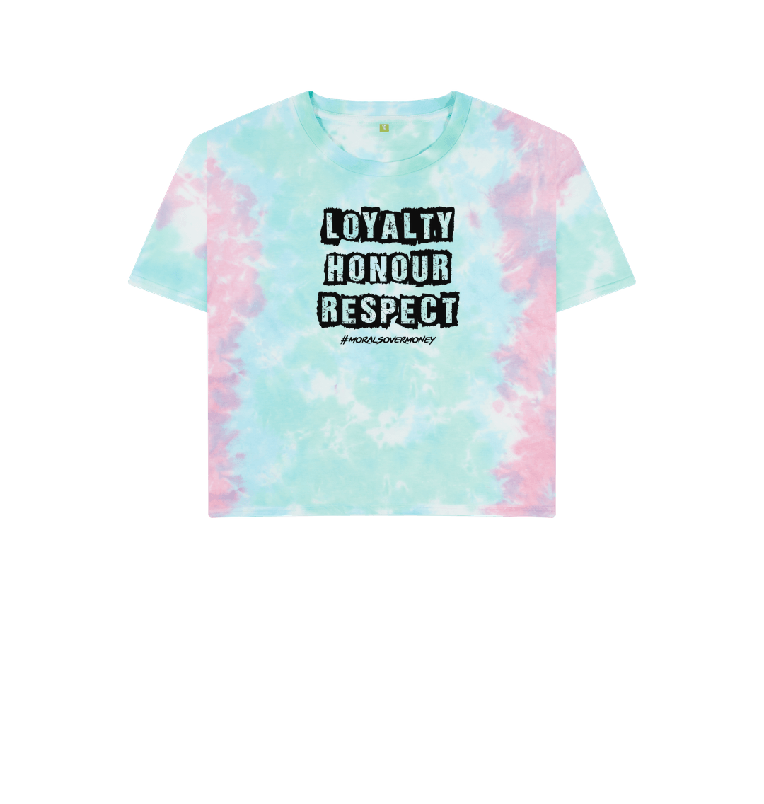 Pastel Tie Dye Women's 100% Organic Cotton 'Loyalty, Honour, Respect' Boxy Eco Tee - Black Logo