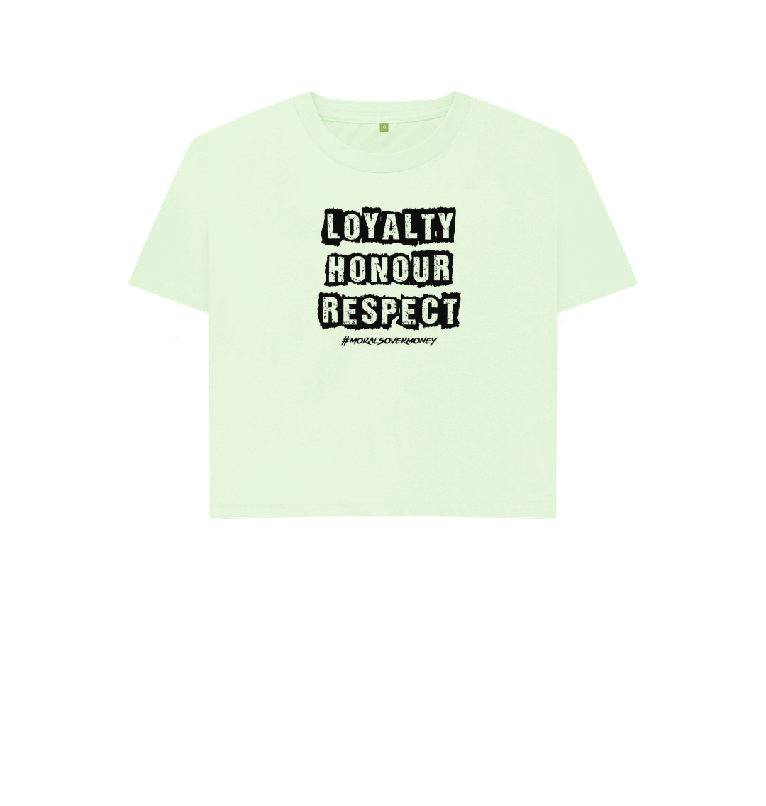 Pastel Green Women's 100% Organic Cotton 'Loyalty, Honour, Respect' Boxy Eco Tee - Black Logo