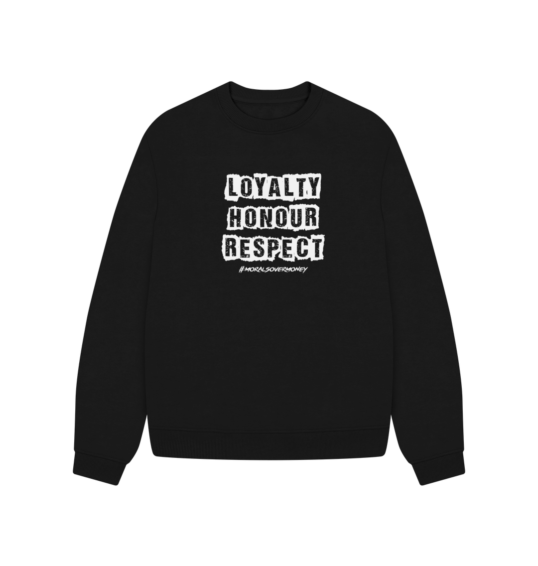 Black Women's 100% Organic Cotton 'Loyalty, Honour, Respect' Oversized Eco Jumper - White Logo