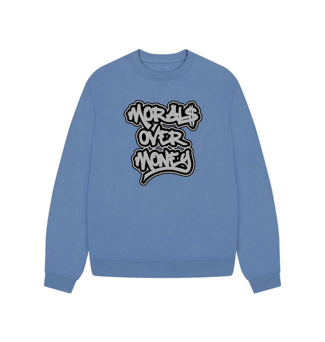 Solent Women's 100% Organic Cotton 'Morals Over Money' Oversized Eco Jumper - Large Grey Print