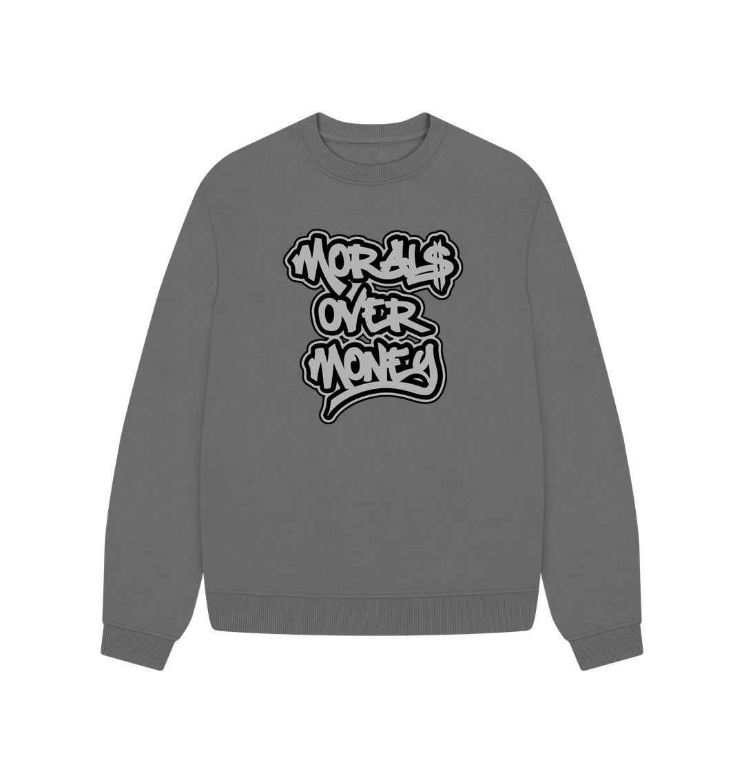 Slate Grey Women's 100% Organic Cotton 'Morals Over Money' Oversized Eco Jumper - Large Grey Print