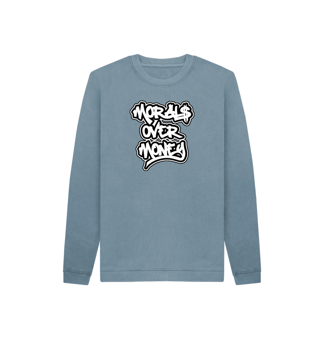 Stone Blue Kids 100% Organic Cotton 'Morals Over Money' Eco Jumper - Large White Print