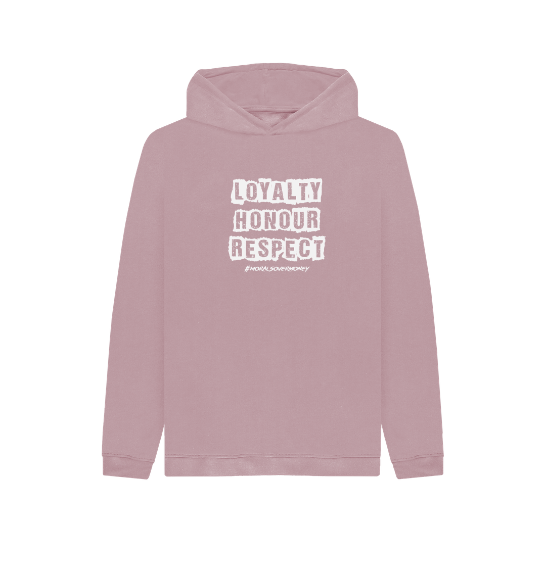 Mauve Kid's 100% Organic Cotton 'Loyalty, Honour, Respect' Eco Hoody - White Logo