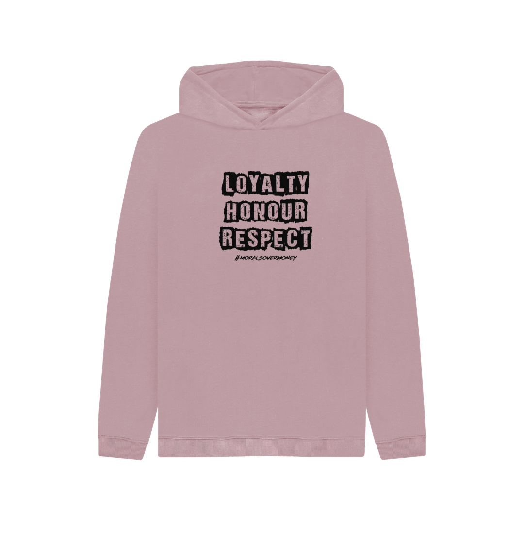 Mauve Kid's 100% Organic Cotton 'Loyalty, Honour, Respect' Eco Hoodie -Black Logo