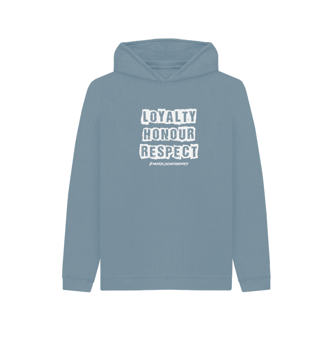 Stone Blue Kid's 100% Organic Cotton 'Loyalty, Honour, Respect' Eco Hoody - White Logo