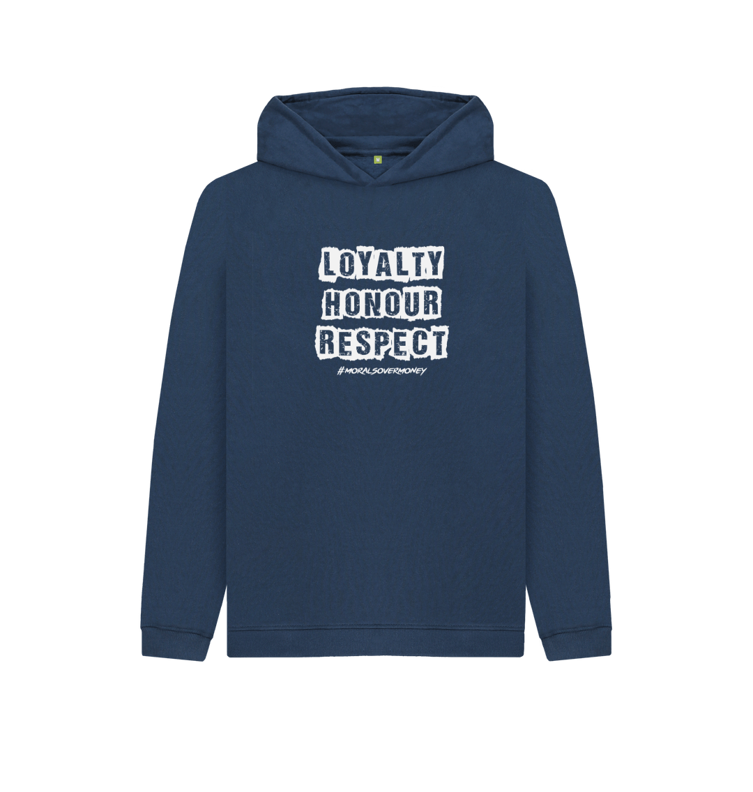 Navy Blue Kid's 100% Organic Cotton 'Loyalty, Honour, Respect' Eco Hoody - White Logo