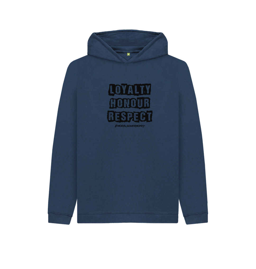 Navy Blue Kid's 100% Organic Cotton 'Loyalty, Honour, Respect' Eco Hoodie -Black Logo