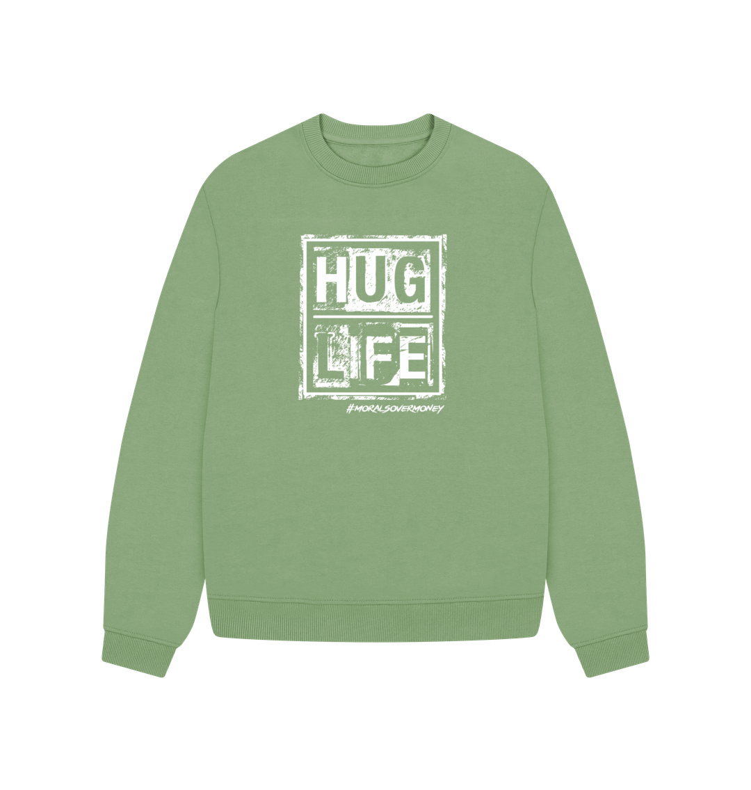 Sage Women's 100% Organic Cotton 'Hug Life' Oversized Baggy Eco Jumper -  White Logo