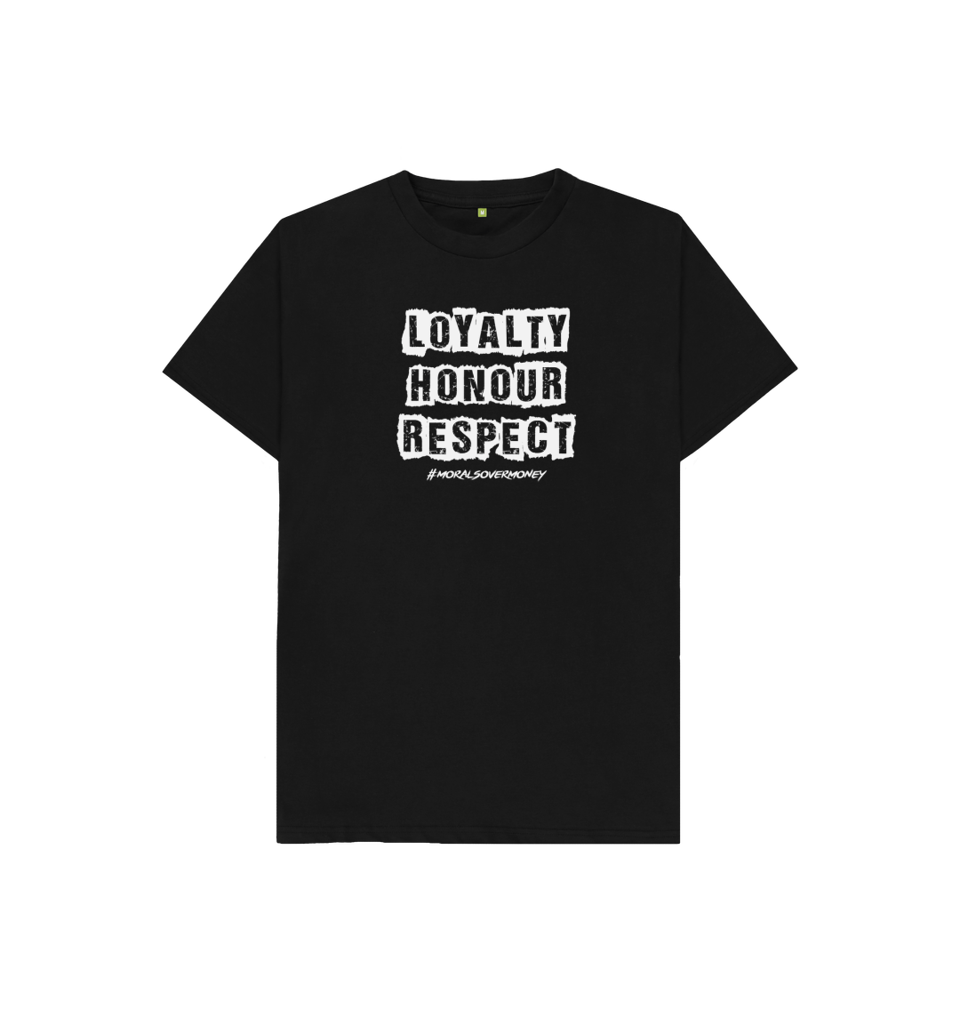 Black Kid's 100% Organic Cotton 'Loyalty, Honour, Respect' Eco Tee - White Logo