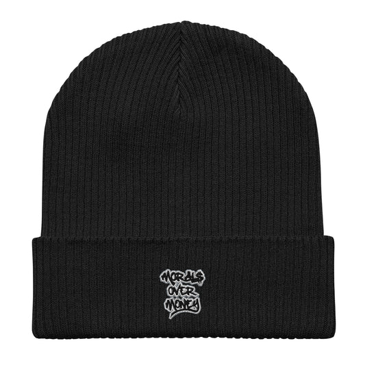 100% Organic Embroidered Morals Over Money Ribbed Beanie Hat