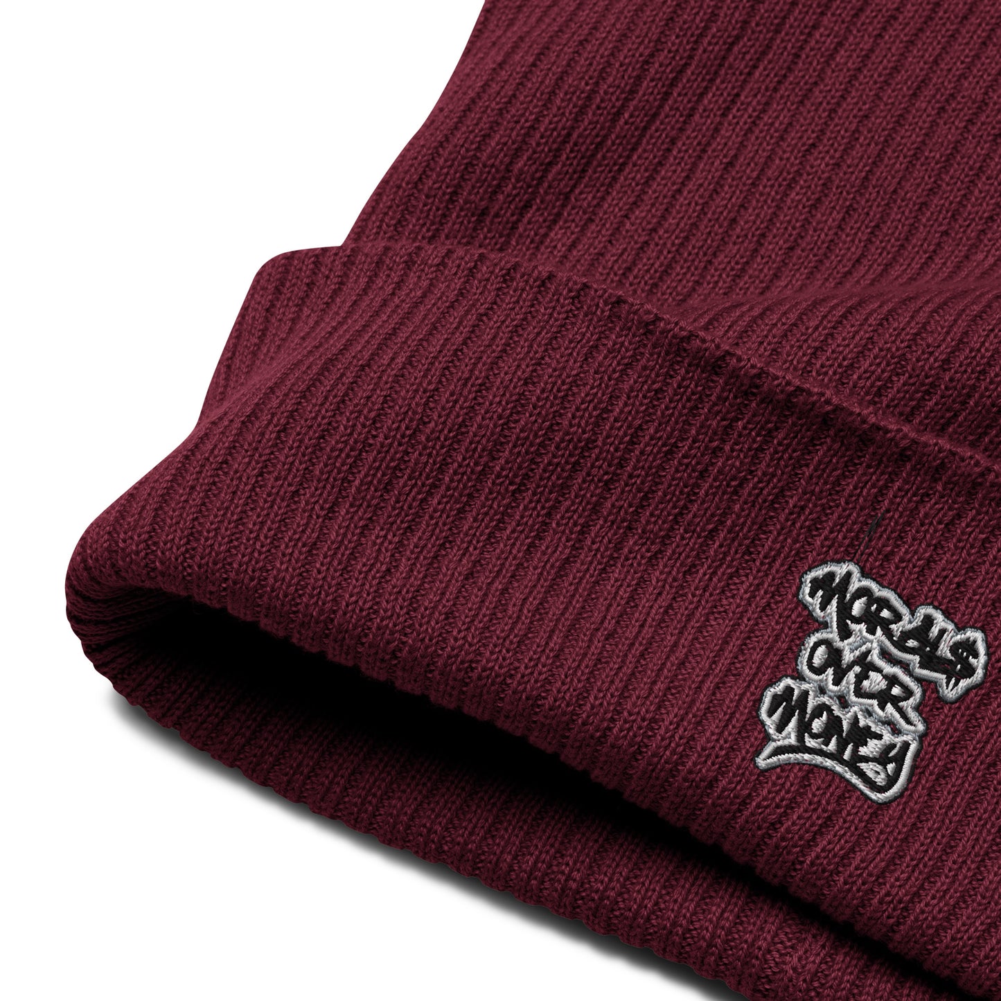 100% Organic Embroidered Morals Over Money Ribbed Beanie Hat