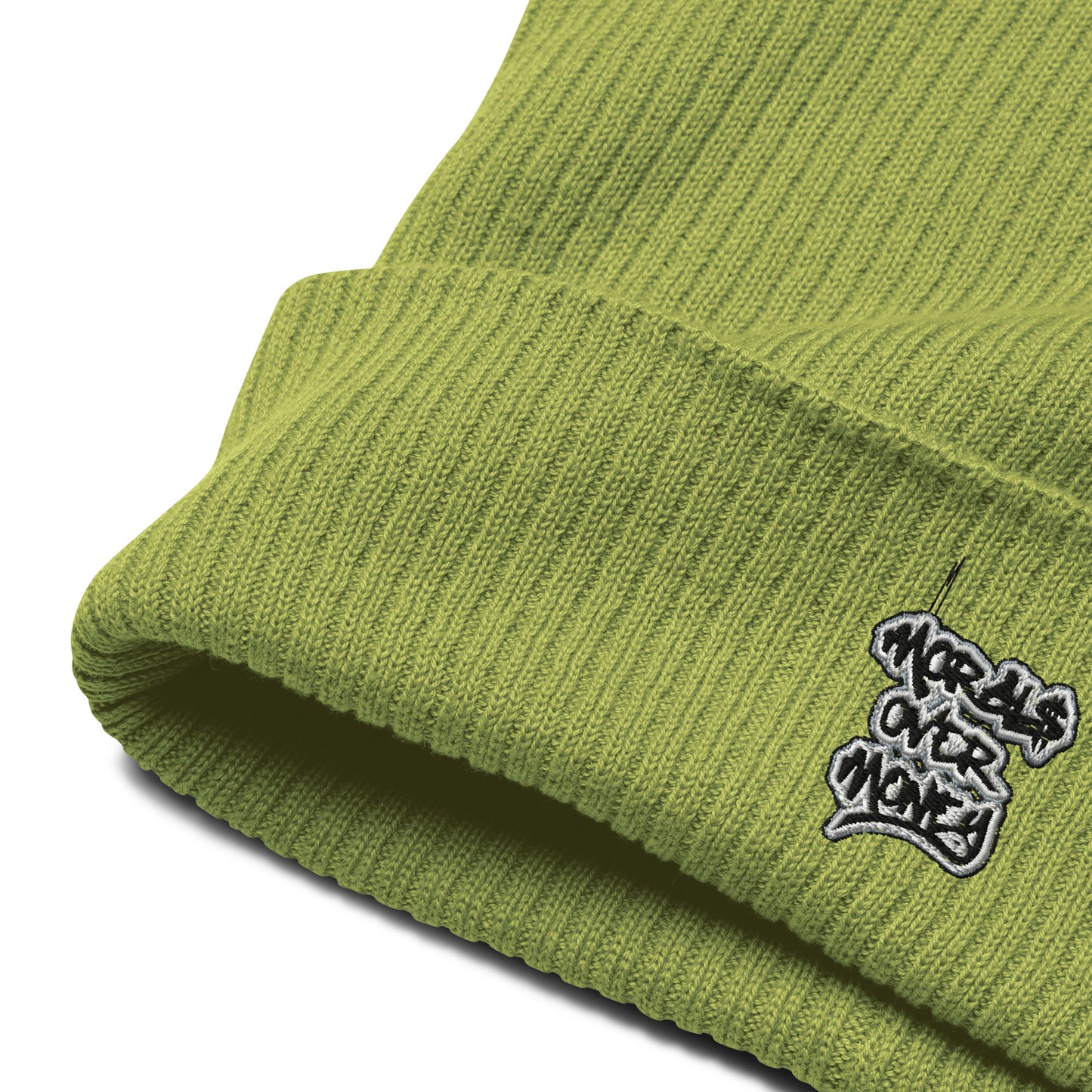 100% Organic Embroidered Morals Over Money Ribbed Beanie Hat