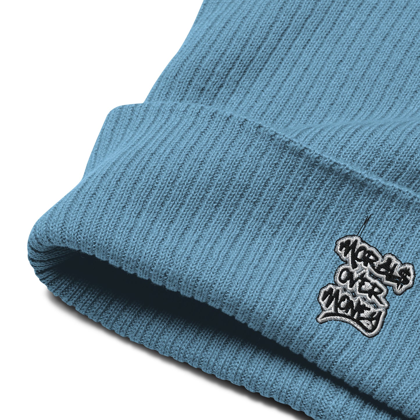 100% Organic Embroidered Morals Over Money Ribbed Beanie Hat