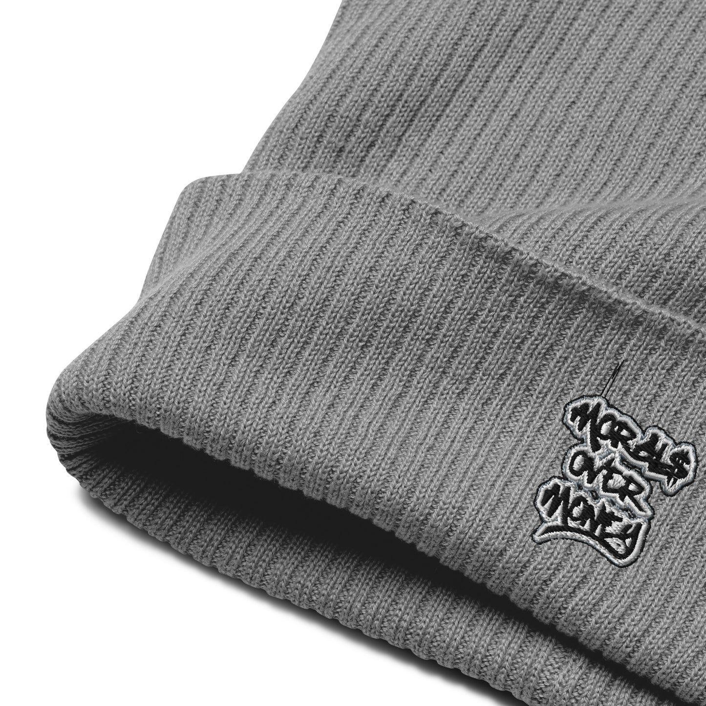 100% Organic Embroidered Morals Over Money Ribbed Beanie Hat