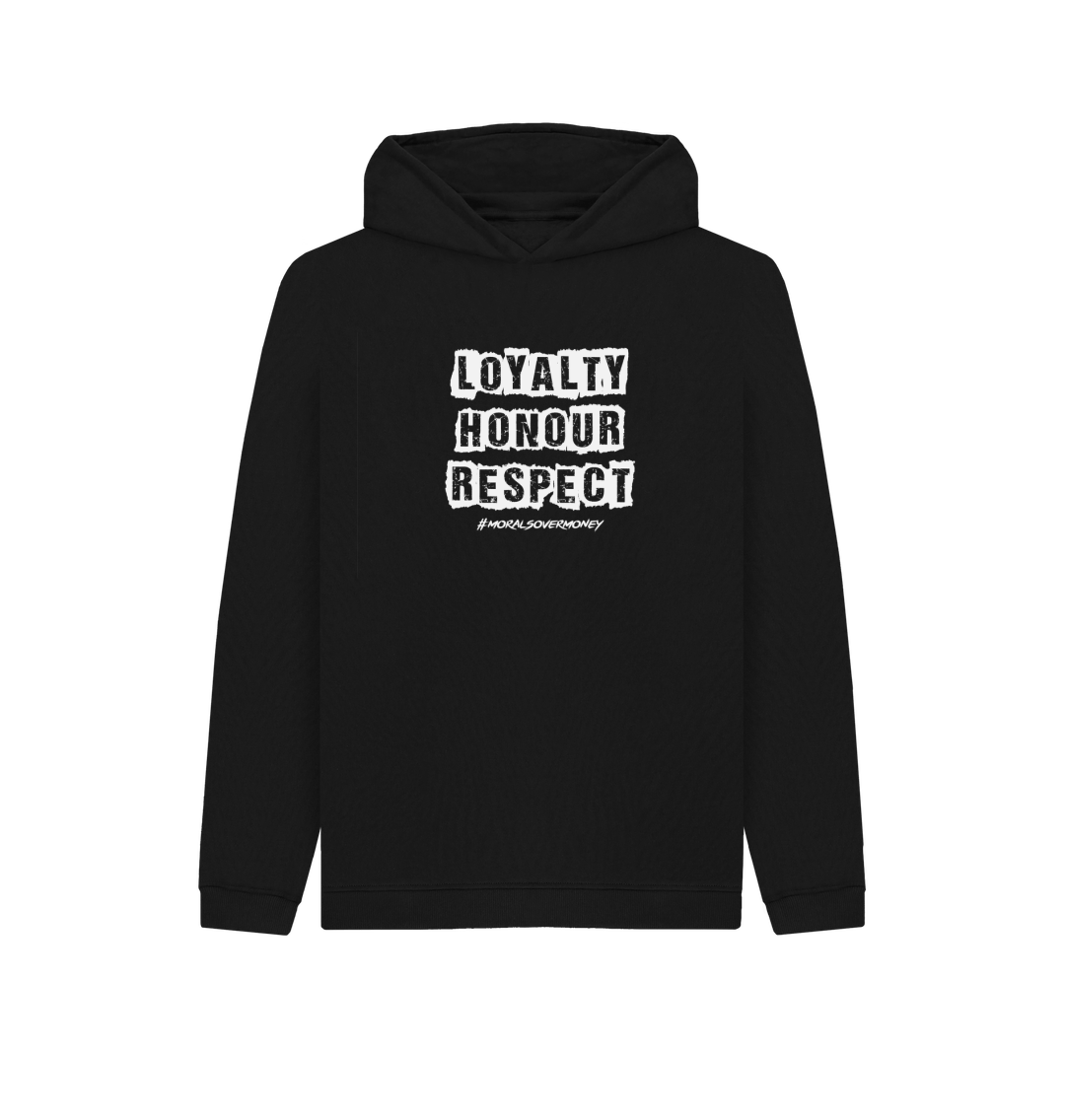 Black Kid's 100% Organic Cotton 'Loyalty, Honour, Respect' Eco Hoody - White Logo