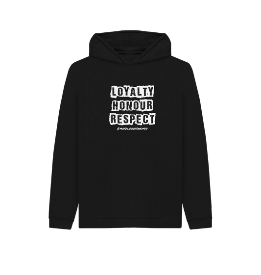 Black Kid's 100% Organic Cotton 'Loyalty, Honour, Respect' Eco Hoody - White Logo