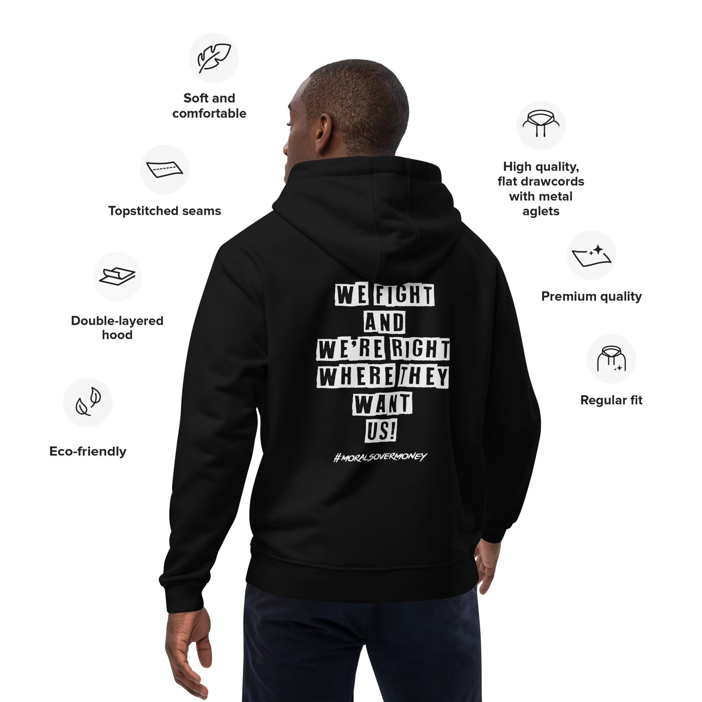 Organic 'We Fight And We're Right Where They Want Us' Premium Quality Eco Hoodie - White Logo