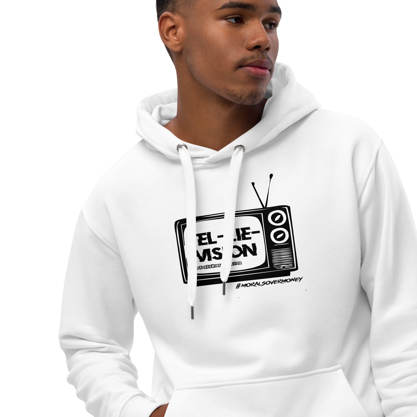 Organic 'Tel-Lie-Vision' Premium Quality Eco Hoodie - White Logo