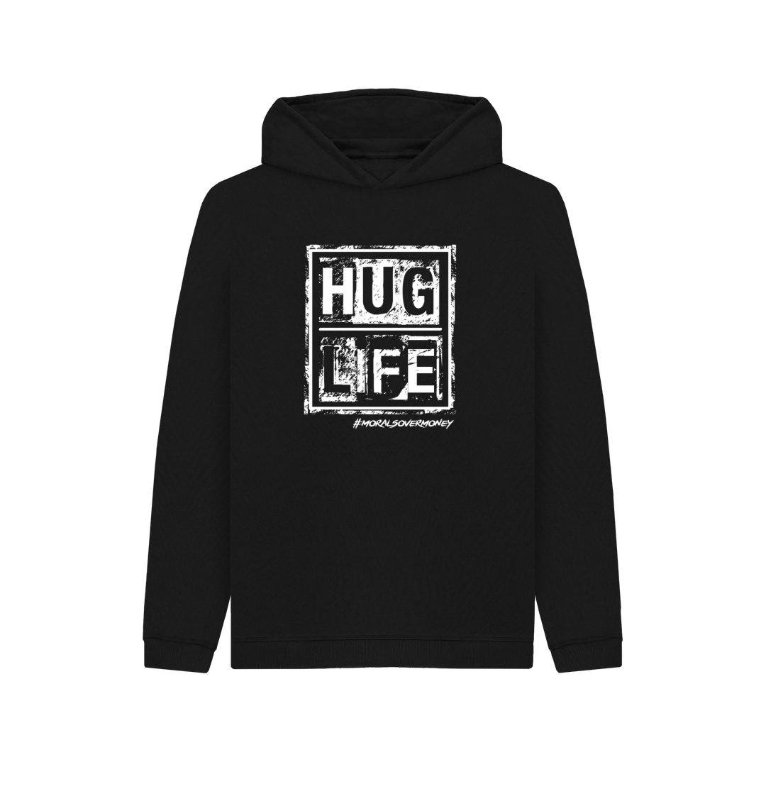 Black Kid's 100% Organic Cotton 'Hug Life' Eco Hoodie - White Logo