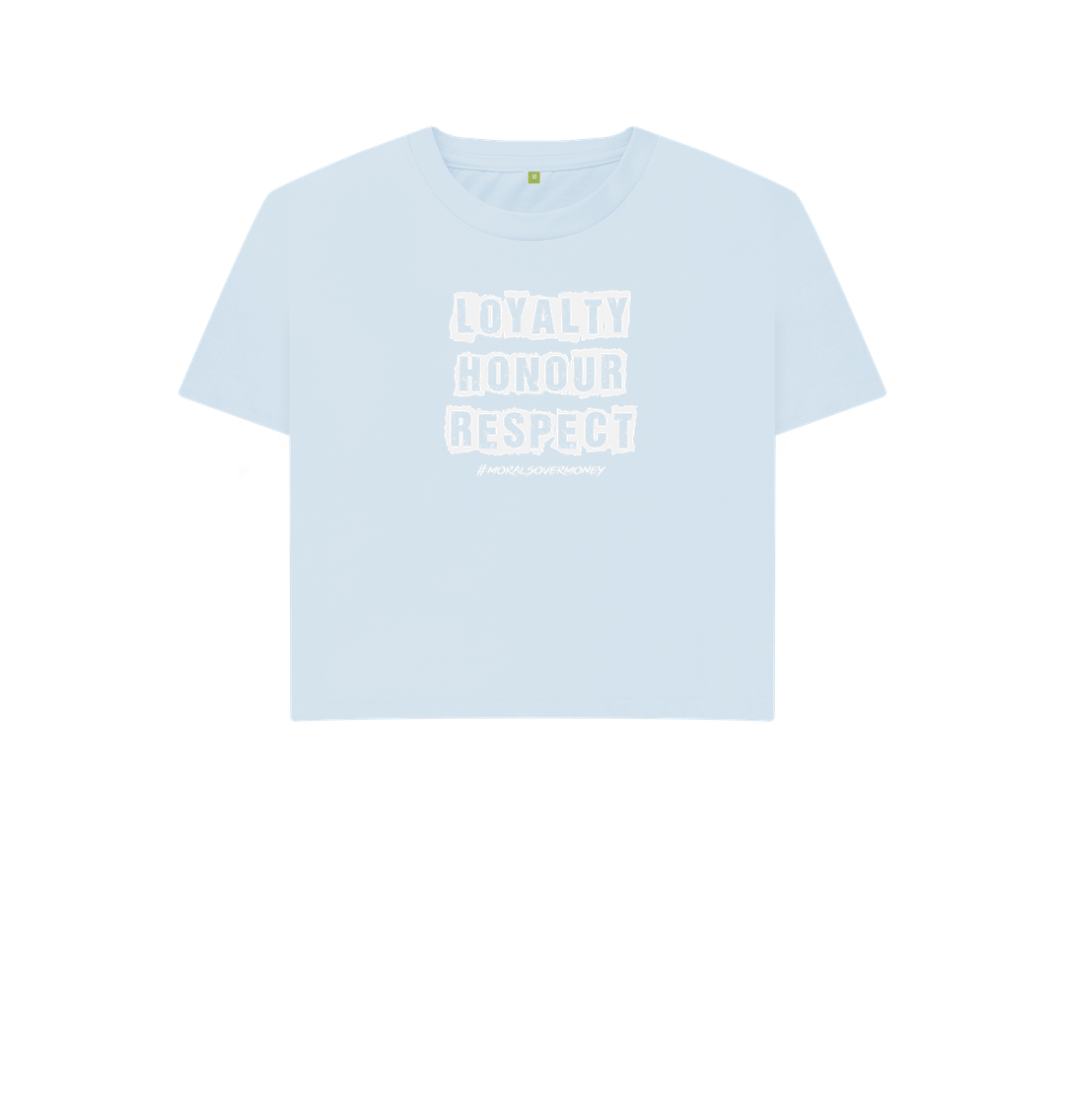 Sky Blue Women's 100% Organic Cotton 'Loyalty, Honour, Respect' Boxy Eco Tee  -  Logo