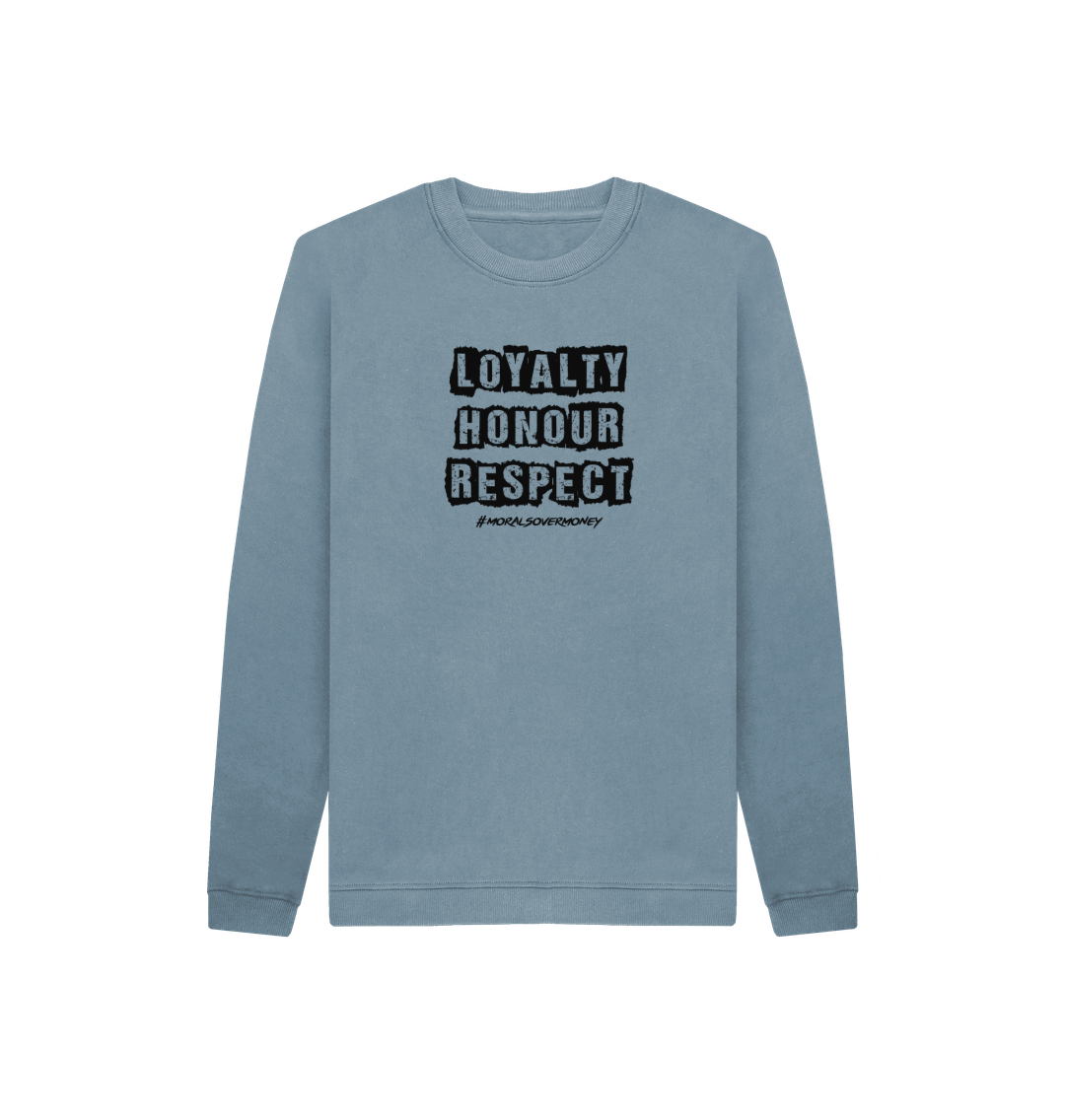 Stone Blue Kid's 100% Organic Cotton 'Loyalty, Honour, Respect' Eco Jumper - White Logo